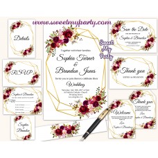 Burgundy Wedding Invitation set,Geometric Wedding invitation set,(116w)